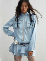 Three-dimensional Pocket Blue Satin Shirt Skirt