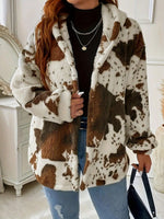 Women's Cow Print Button Plush Coat, New European & American Casual Fashion Hoodie
