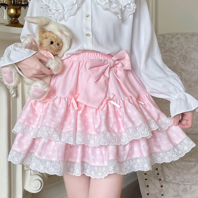 Polka-dot Lace-trimmed Bow Skirt For Women