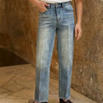Retro Washed High-waisted Straight-leg Jeans, British Casual Style