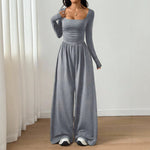 Long-sleeve Square-neck Casual Wide-leg Jumpsuit