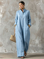 Long-sleeve Mandarin-collar Loose-fit Single-breasted Jumpsuit