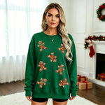 Womens Christmas Gingerbread Man Glittery Loose-Fit Pullover Hoodie