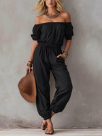 Off-shoulder Waist-cinching Lace-up Relaxed-fit Casual Jumpsuit