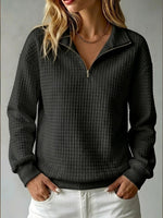 Loose-fit Waffle-knit Stand-collar Zip-up Long-sleeve Womens Sweatshirt