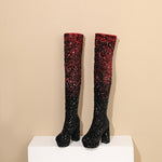 Sequin Gradient Round-Toe Side-Zip Chunky Heel Over-the-Knee Womens Boots