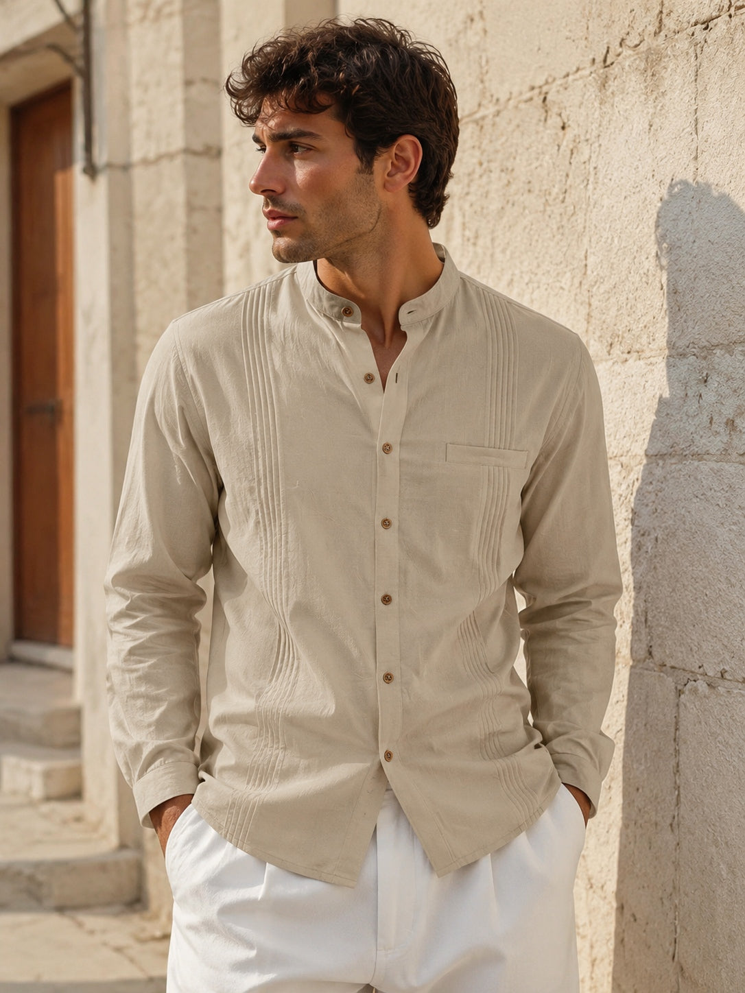 Stand Collar Vertical Pleat Long Sleeve Casual Shirt