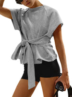 Womens Loose Round-Neck Lace-Up Bow-Knot Sweatshirt