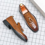 Mens Korean-style Crocodile-pattern Embossed Tassel Leather Shoes
