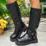 Calf-length Metal Belt-buckle Chunky-heeled High-top Denim Boots