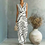 European And American-style Deep V-neck Sleeveless Printed Jumpsuit