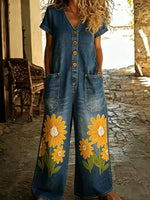 Buttoned Pockets Comfortable Short Sleeves Casual One-piece Wide-leg Jumpsuit