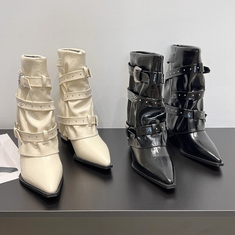 High-heeled Elegant Shaft-style Studded Belt-buckle Fashion Ankle Boots