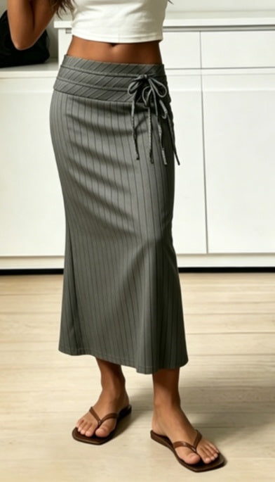Vertical Stripe Side Tie Midi Mermaid Skirt