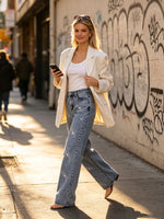 Straight Stretch Jeans With High Waist Wide Legs And Loose Fit