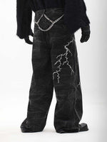 American-style Vintage Niche Washed Denim Jeans With Lightning-stripe Embroidery