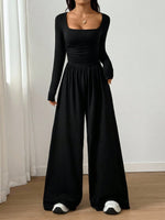 Long-sleeve Square-neck Casual Wide-leg Jumpsuit