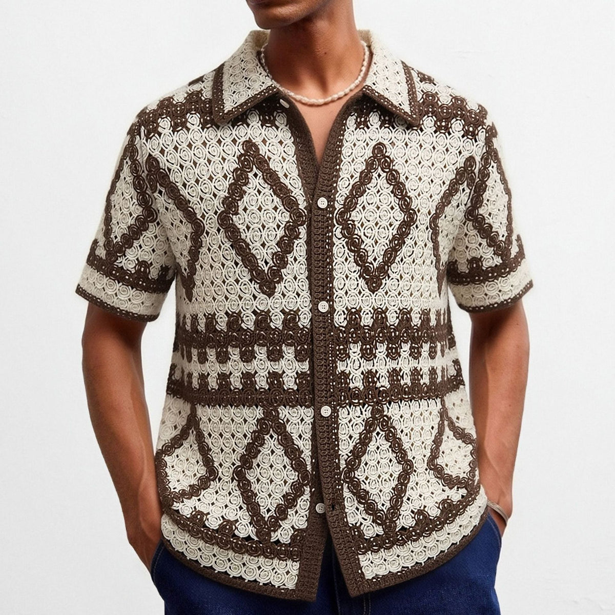 Mens Retro Diamond-Pattern Embossed Cardigan