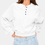 Womens Crew-neck Button-up Sweatshirt Loose-fit Casual Cropped Top
