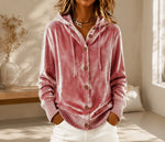 Buttoned Velvet Hooded Cardigan Solid-Color Coat For Women