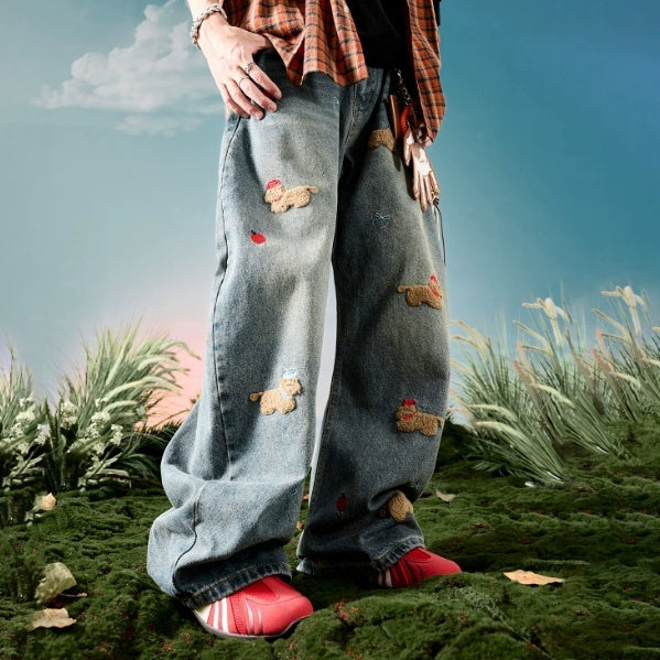 American-style Embroidered Puppy Retro Mens Jeans