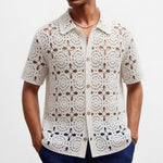 Mens Summer Hollow-Out Crochet Short-Sleeve Shirt