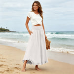 High-waisted Elastic-waist Long Skirt With Ruffled Hem