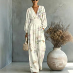 V-neck Long-sleeve Womens Printed Jumpsuit