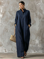 Long-sleeve Mandarin-collar Loose-fit Single-breasted Jumpsuit