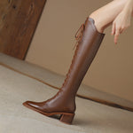 Brown Womens New Pointed-toe High-heeled Mid-calf Leather Boots