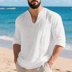 Mens Linen Casual Loose-fit V-neck Long-sleeve Shirt