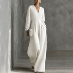 Womens V-neck Long-sleeve Relaxed-fit Wide-leg Jumpsuit