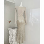 Women's Champagne Gold Sequin Two-Piece Evening Gown Set Ruched Top Mermaid Skirt Formal Party Dress