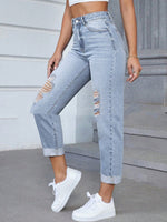 Fashionable Trendy Ripped Jeans Casual High-waisted Style