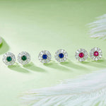 S925 Sterling Silver Cluster Stud Earrings, 3.5mm Lab-Grown Ruby Sapphire Emerald Halo, Platinum Plated 2.2g Women's Jewelry Gift Box