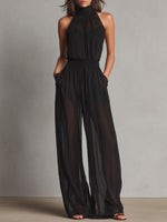 Womens Chiffon Spliced Sleeveless High-Neck Backless Wide-Leg Jumpsuit