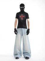 Distressed Slim-fit Round-neck Short-sleeve T-shirt With A Cross Print