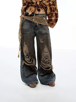 American-style Vintage Denim Womens Winter Workwear Wide-leg Casual Pants