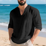 Mens Linen Casual Loose-fit V-neck Long-sleeve Shirt