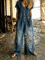 Buttoned Pockets Comfortable Short Sleeves Casual One-piece Wide-leg Jumpsuit