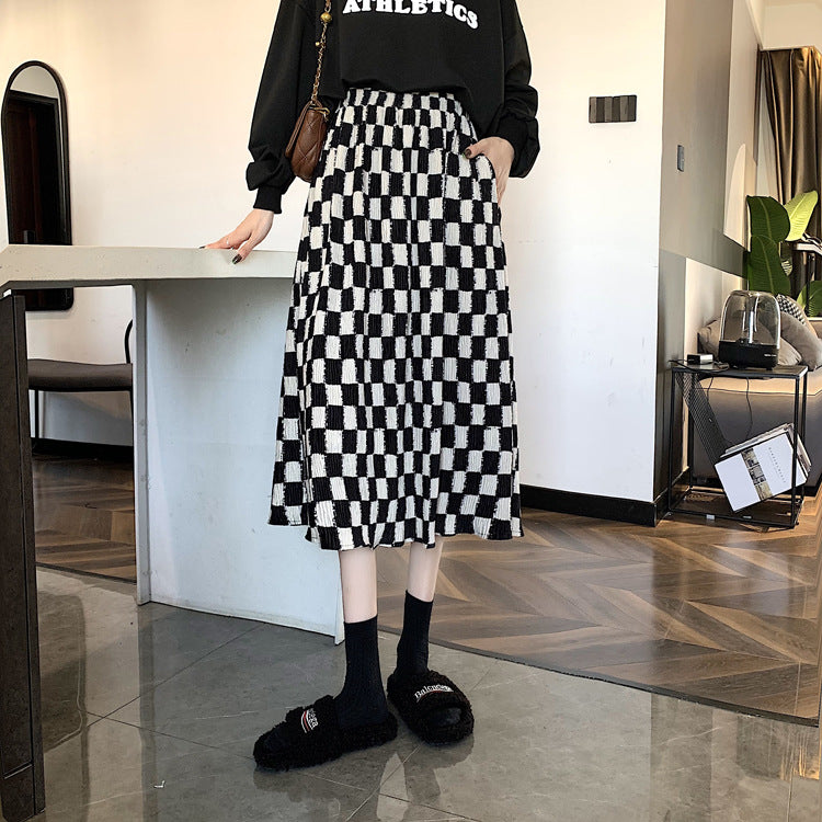 Corduroy A-line Midi Skirt With A Niche Designer-inspired Plaid Pattern