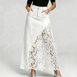 Washed Denim Lace-Panel Long Bodycon Skirt