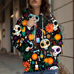 Ink-splatter Floral-print Hooded Sweatshirt Womens New Autumn Casual Cartoon Skull Hoodie