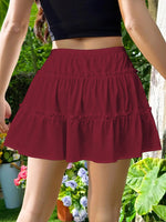 High Waist Drawstring Ruffle Tiered Mini Skirt With Liner, Casual A-Line Skort Sweet Cake Skirt Adjustable Tie Fake Two-piece Anti-Peek Skirt For Women