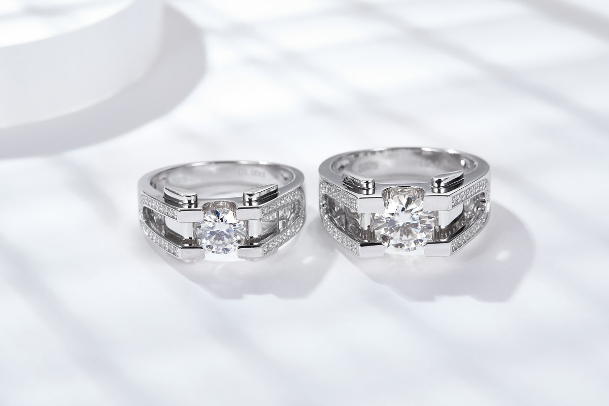 S925 Sterling Silver 1&2ct Moissanite Ring, D-VVS1 Geometric Double-Band Design, Platinum Plated, US Sizes 5-9, GRA Certificate Gift Box