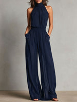 Womens Chiffon Spliced Sleeveless High-Neck Backless Wide-Leg Jumpsuit