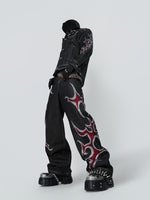 Mens Straight-Leg Denim Jeans With Glittering Diamond Flame Totem Subculture Punk Style