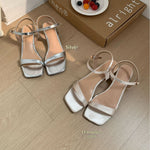 Single-strap Square-toe Mid-heel Buckle Sandals