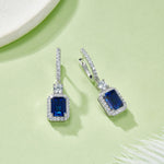 S925 Sterling Silver Lab-Grown Emerald Cut Drop Earrings, 6x8mm 6ct Ruby Sapphire Emerald, Platinum Plated 5.2g Women's Jewelry Gift Box