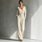Long-sleeve Waist-cinched Pleated Casual Jumpsuit